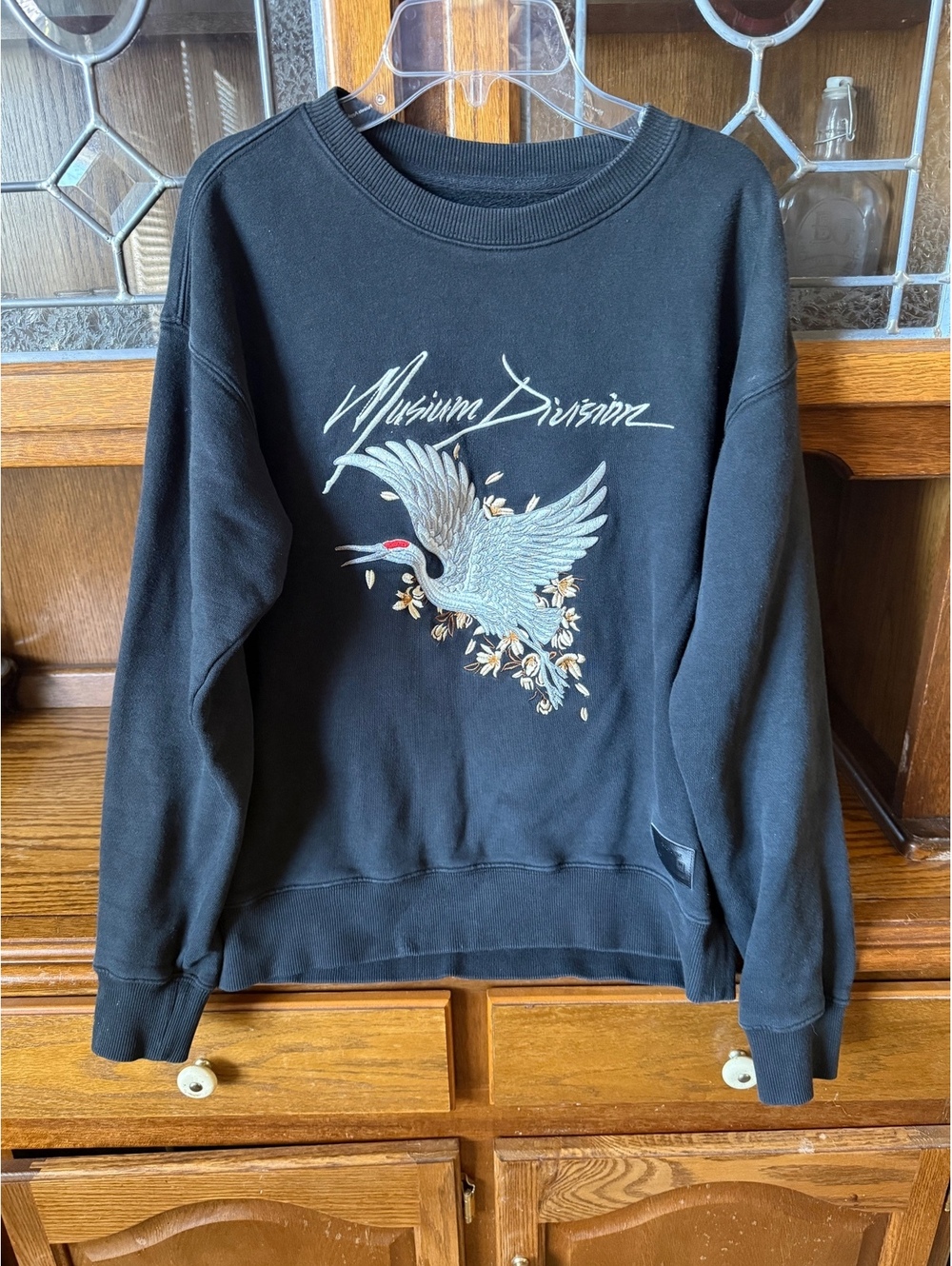 Musium Division Crewneck Sweatshirt M Black Embroidered Crane Streetwear